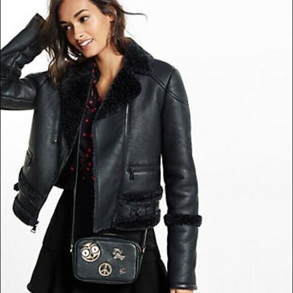 Express Jackets & Blazers - NEW Express black faux fur shearling Moto coat Sz XS Faux Leather Zipper chic